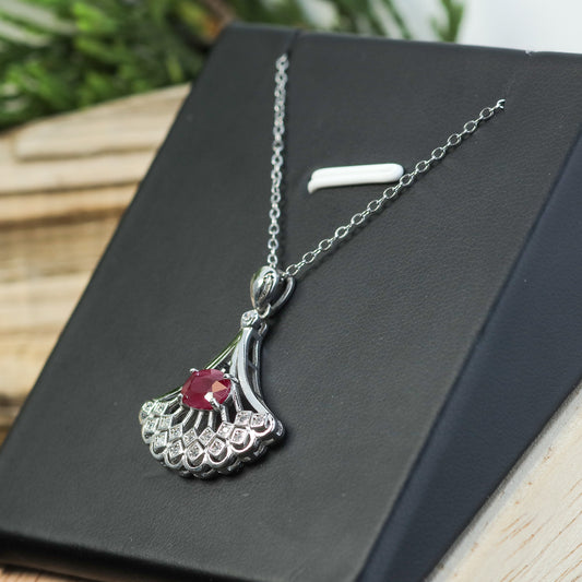 Natural Ruby Art Deco Fan Pendant Necklace
