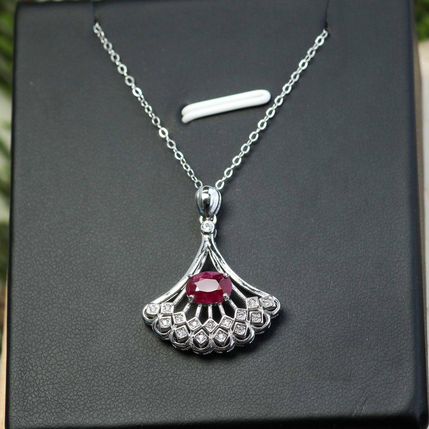 Natural Ruby Art Deco Fan Pendant Necklace