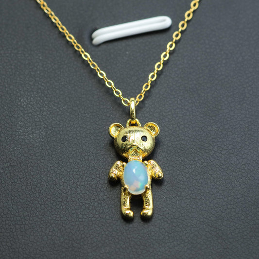Ethiopian Opal Teddy Bear Pendant Necklace