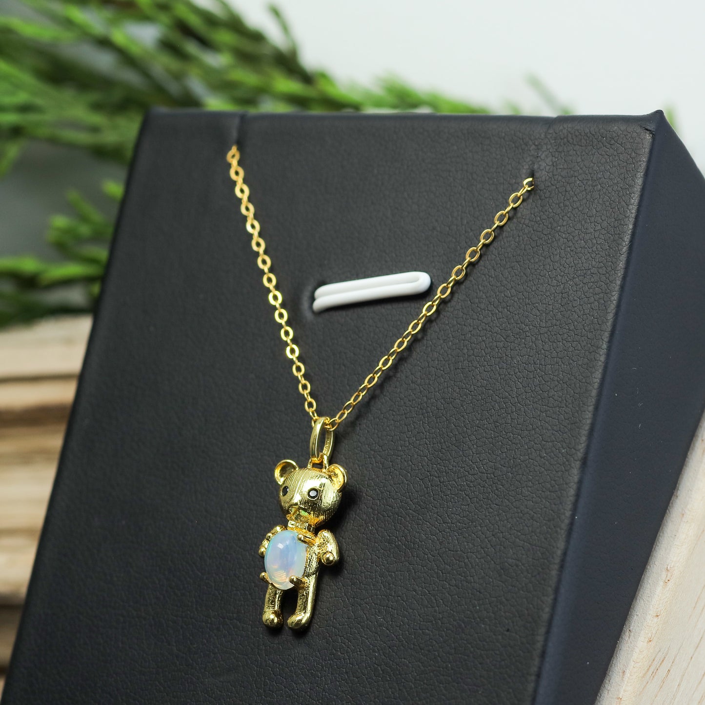 Ethiopian Opal Teddy Bear Pendant Necklace
