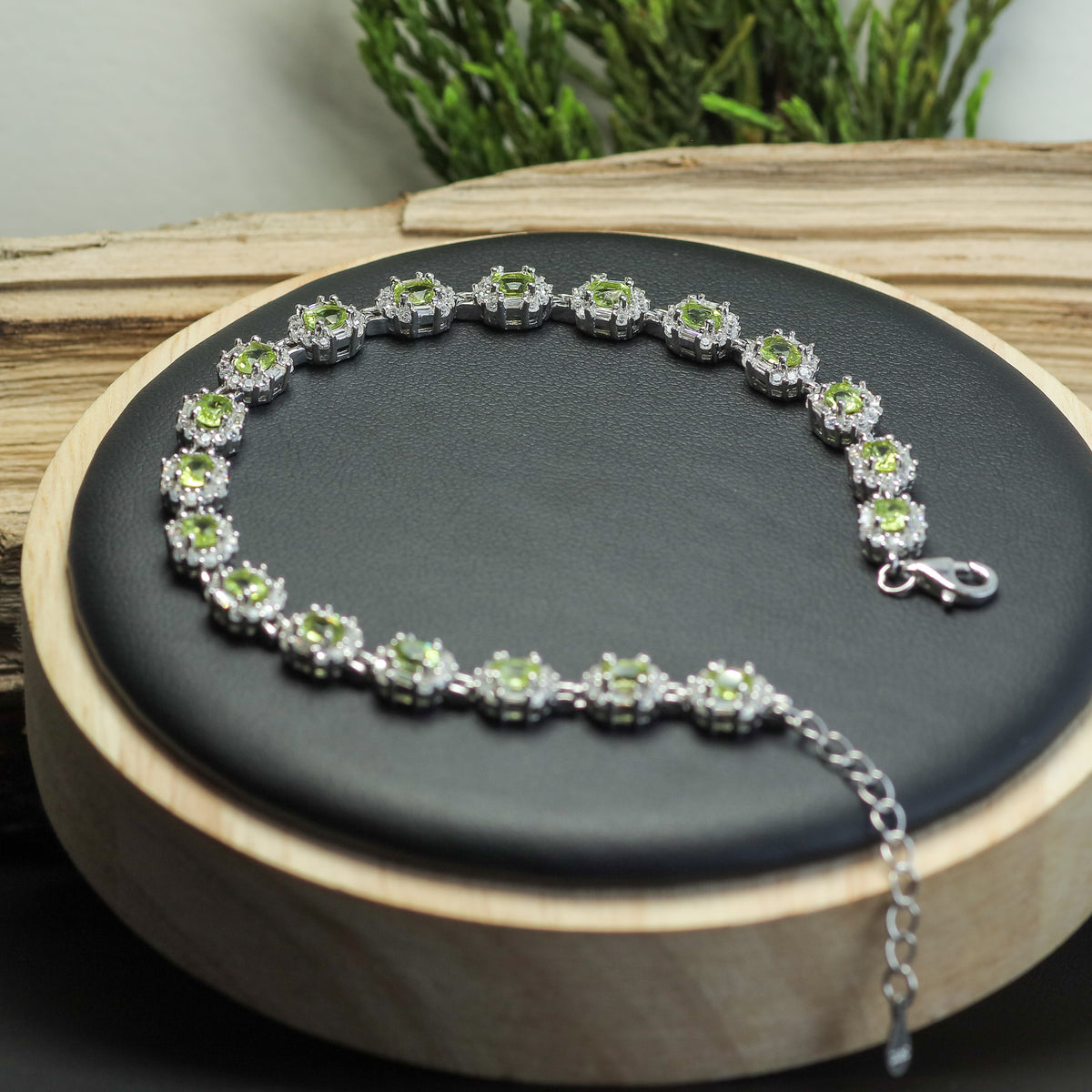 Natural Peridot & Cubic Zirconia Halo Tennis Bracelet