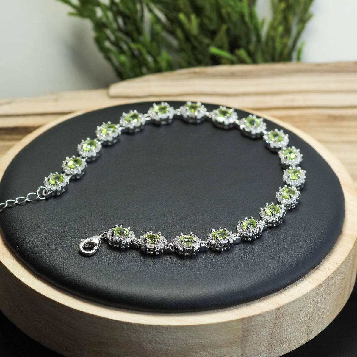 Natural Peridot & Cubic Zirconia Halo Tennis Bracelet