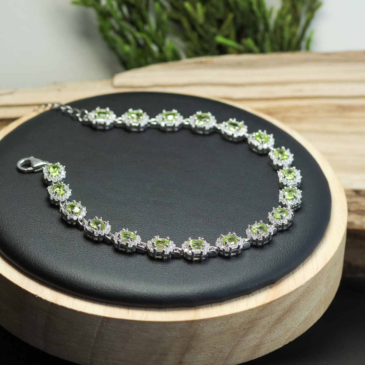 Natural Peridot & Cubic Zirconia Halo Tennis Bracelet