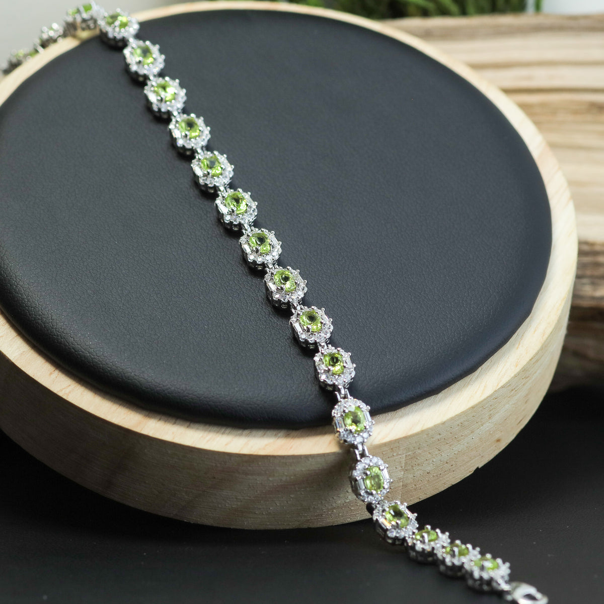 Natural Peridot & Cubic Zirconia Halo Tennis Bracelet