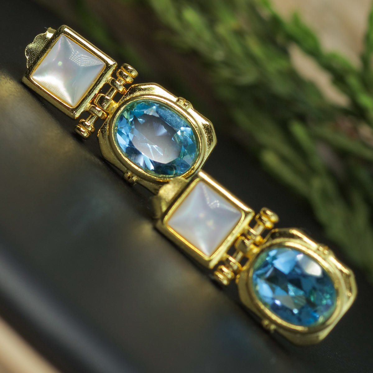 Natural Blue Topaz & Mother of Pearl Drop Earrings