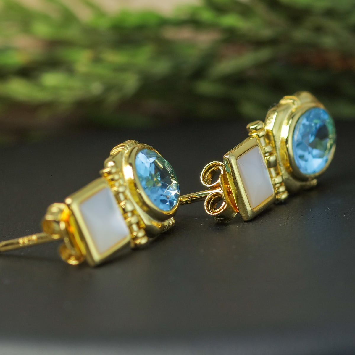 Natural Blue Topaz & Mother of Pearl Drop Earrings