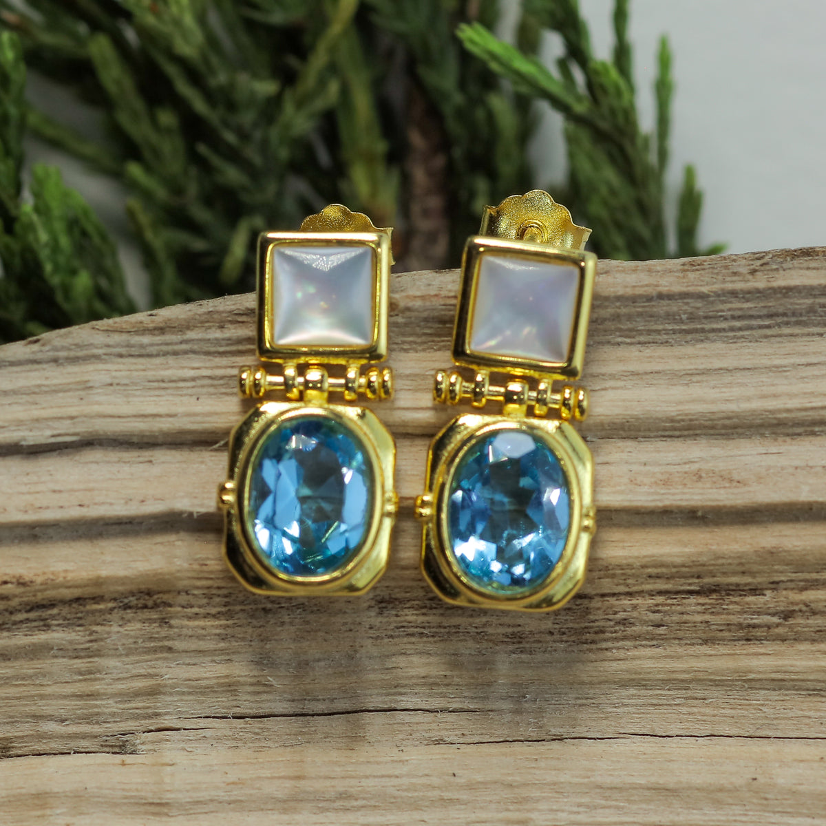 Natural Blue Topaz & Mother of Pearl Drop Earrings