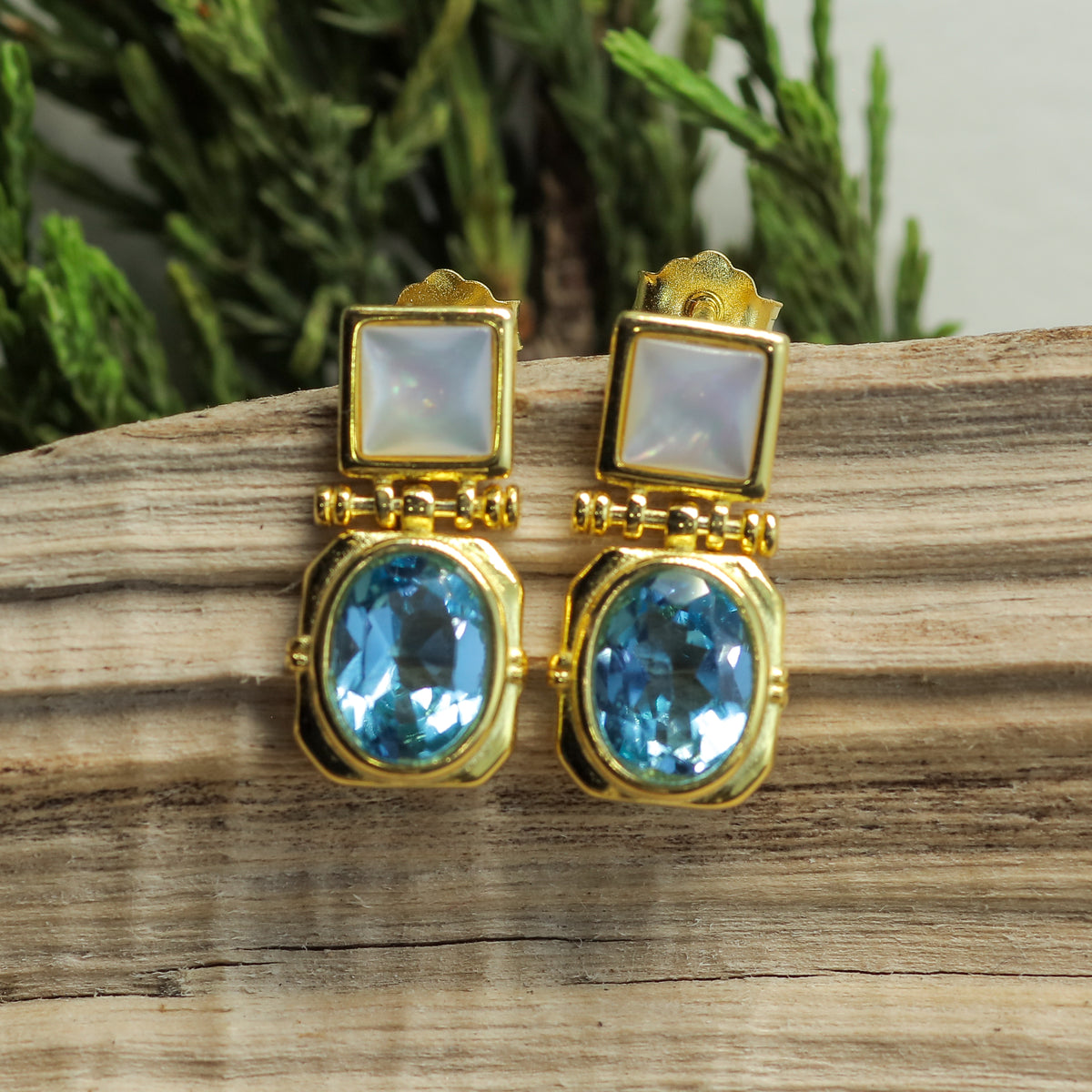 Natural Blue Topaz & Mother of Pearl Drop Earrings