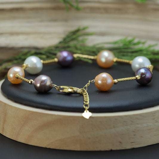 Multi-Tone Natural Cultured Pearl & Gold-Plated Statement Bracelet