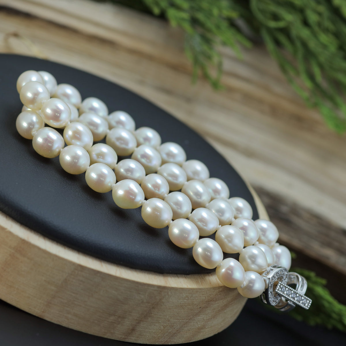 Double-Row White Cultured Pearl Statement Bracelet
