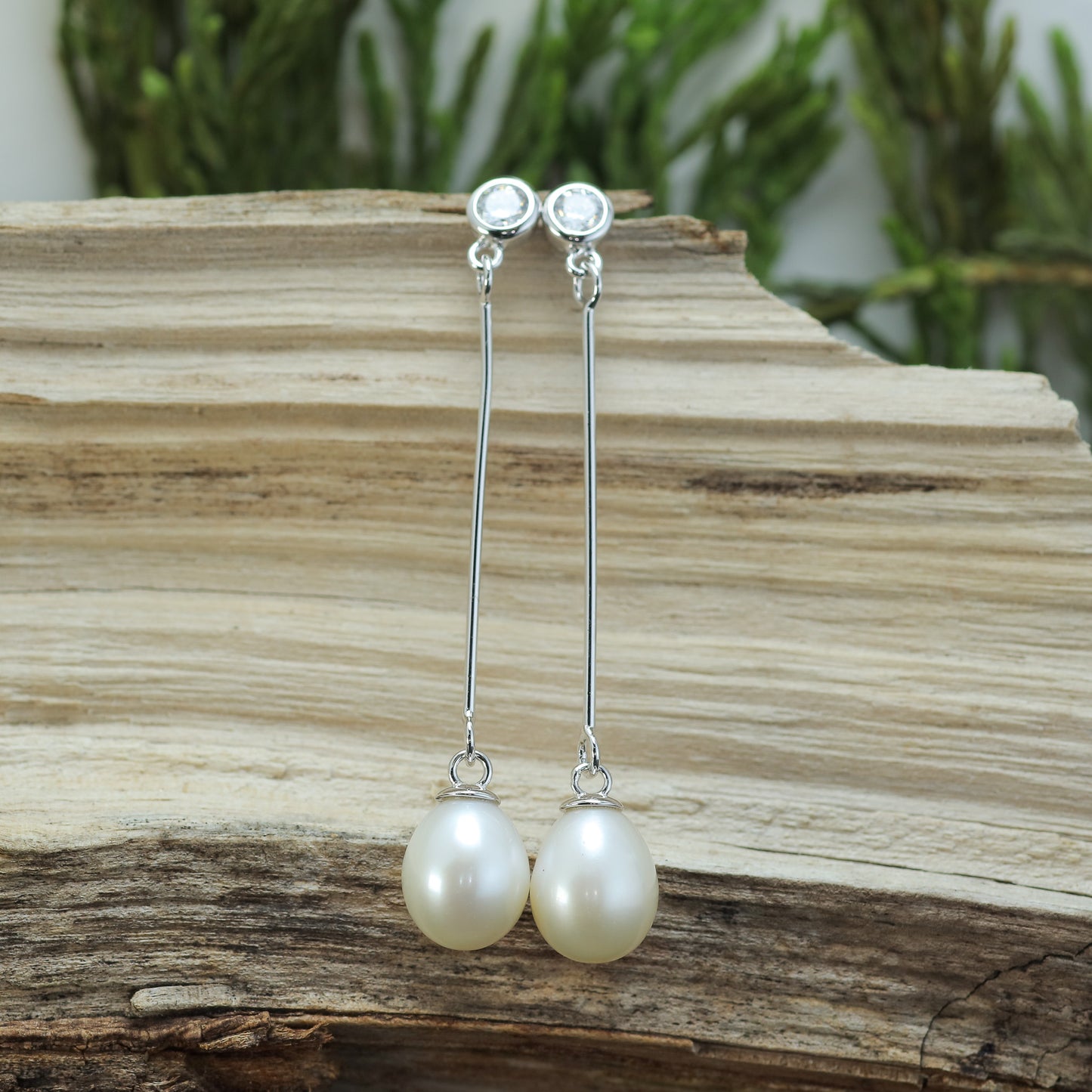 White Natural Cultured Pearl & Silver Drop Earrings