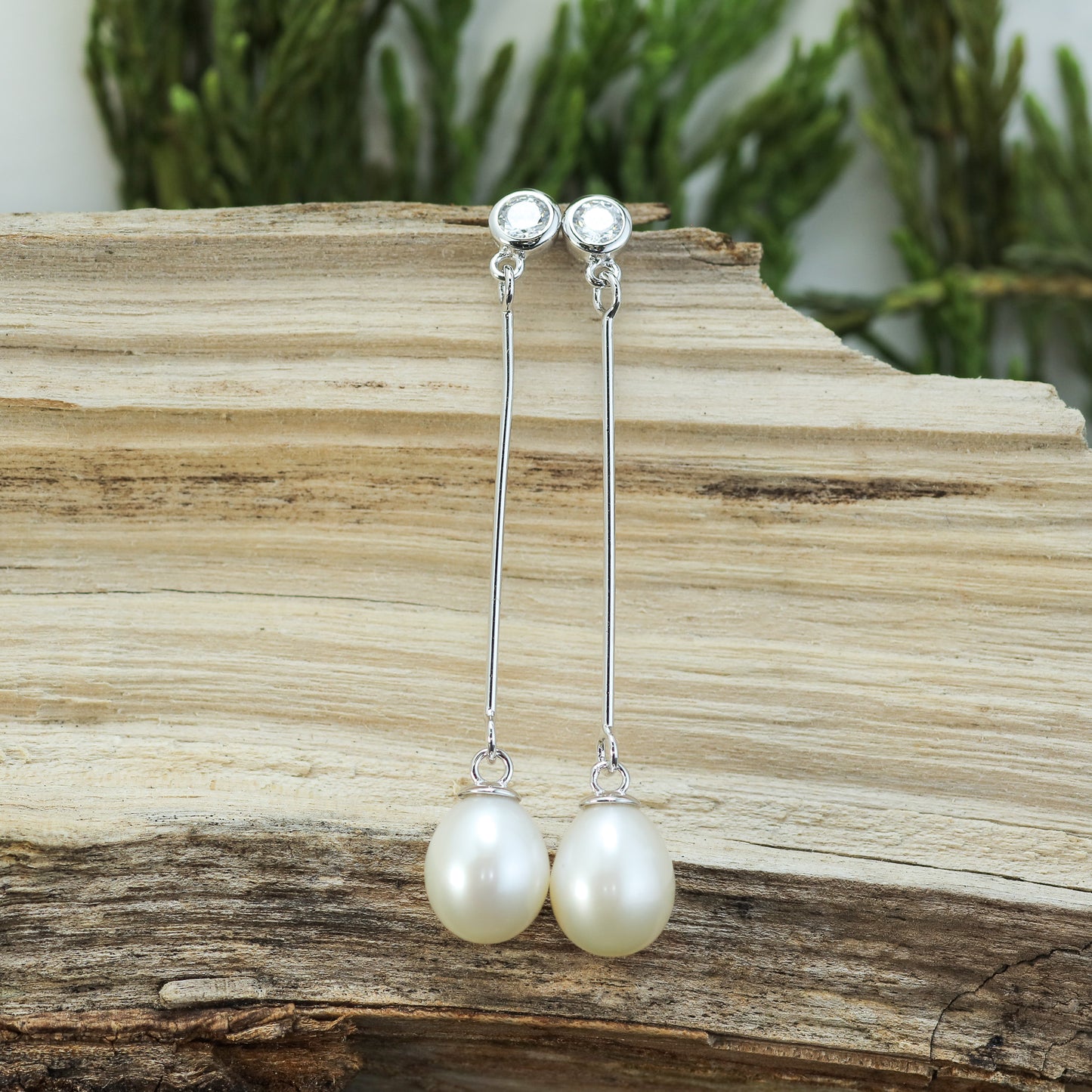 White Natural Cultured Pearl & Silver Drop Earrings