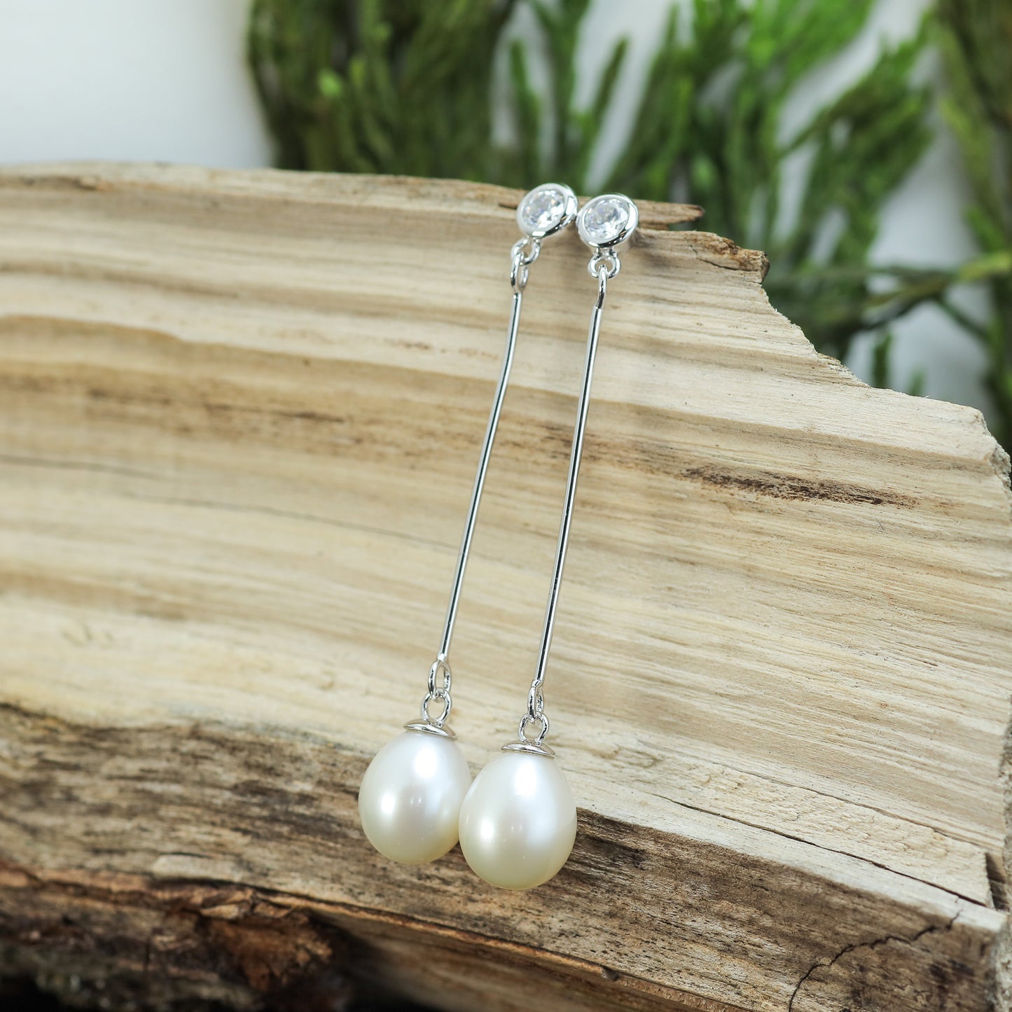 White Natural Cultured Pearl & Silver Drop Earrings