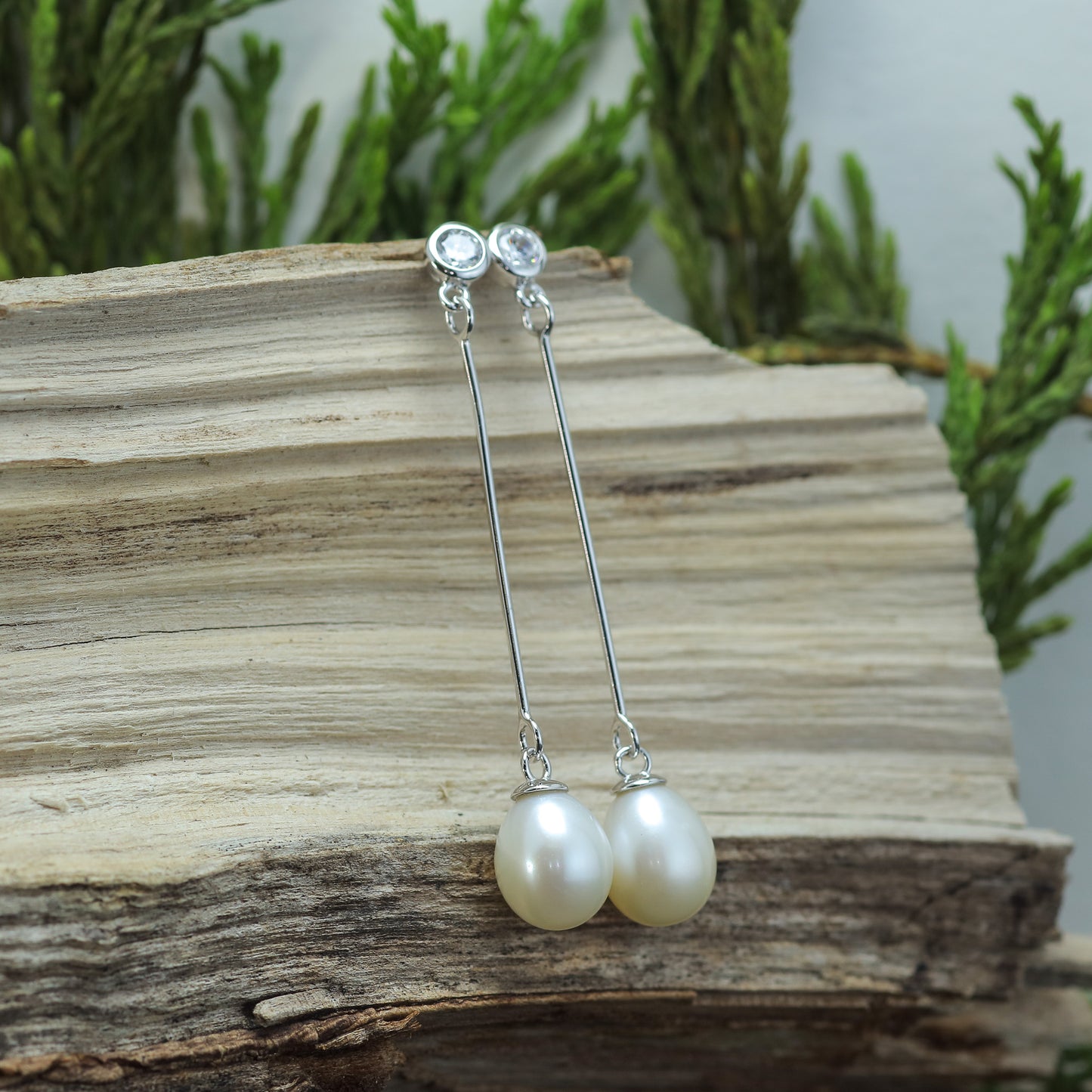 White Natural Cultured Pearl & Silver Drop Earrings