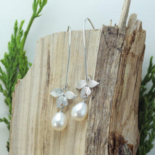 White Natural Cultured Pearl & Floral Marquise Drop Earrings