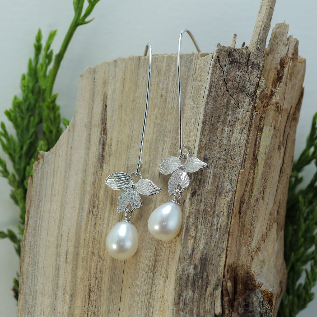 White Natural Cultured Pearl & Floral Marquise Drop Earrings
