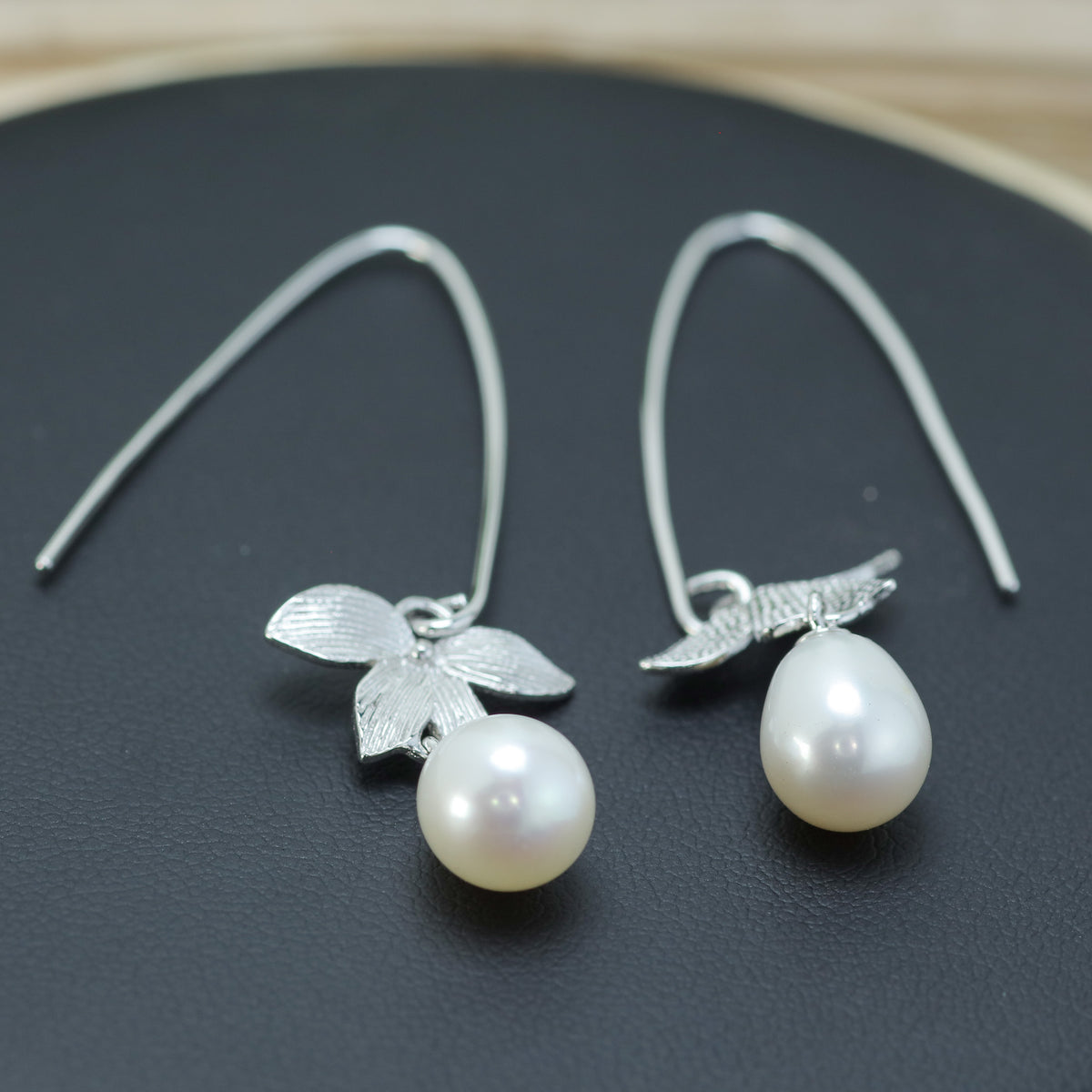 White Natural Cultured Pearl & Floral Marquise Drop Earrings