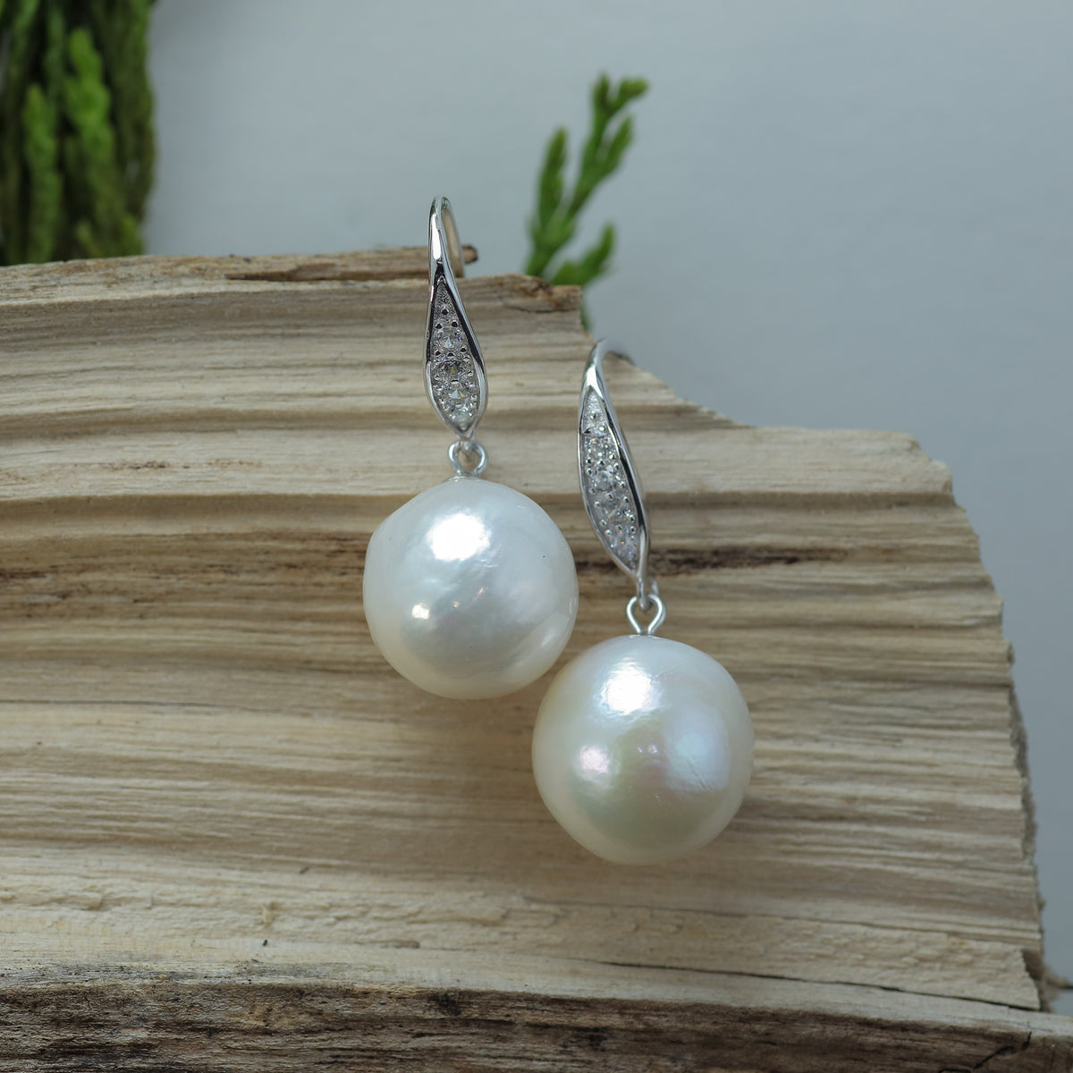 White Natural Cultured Pearl & Sparkling Marquise Hook Earrings
