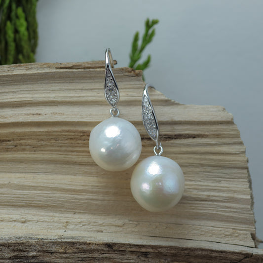 White Natural Cultured Pearl & Sparkling Marquise Hook Earrings
