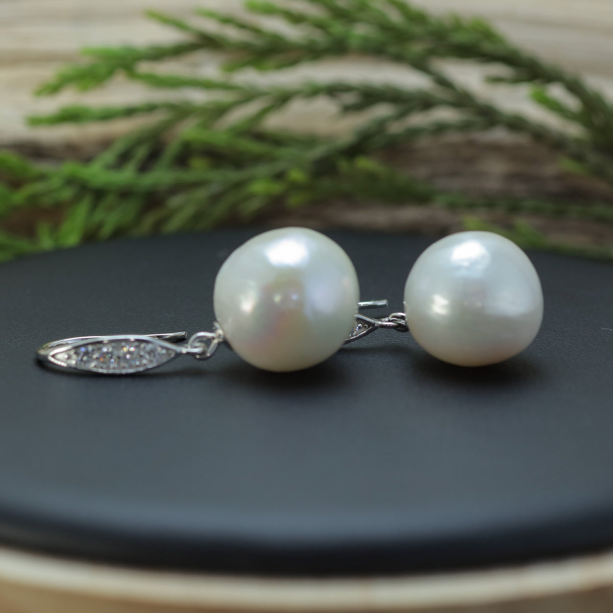 White Natural Cultured Pearl & Sparkling Marquise Hook Earrings