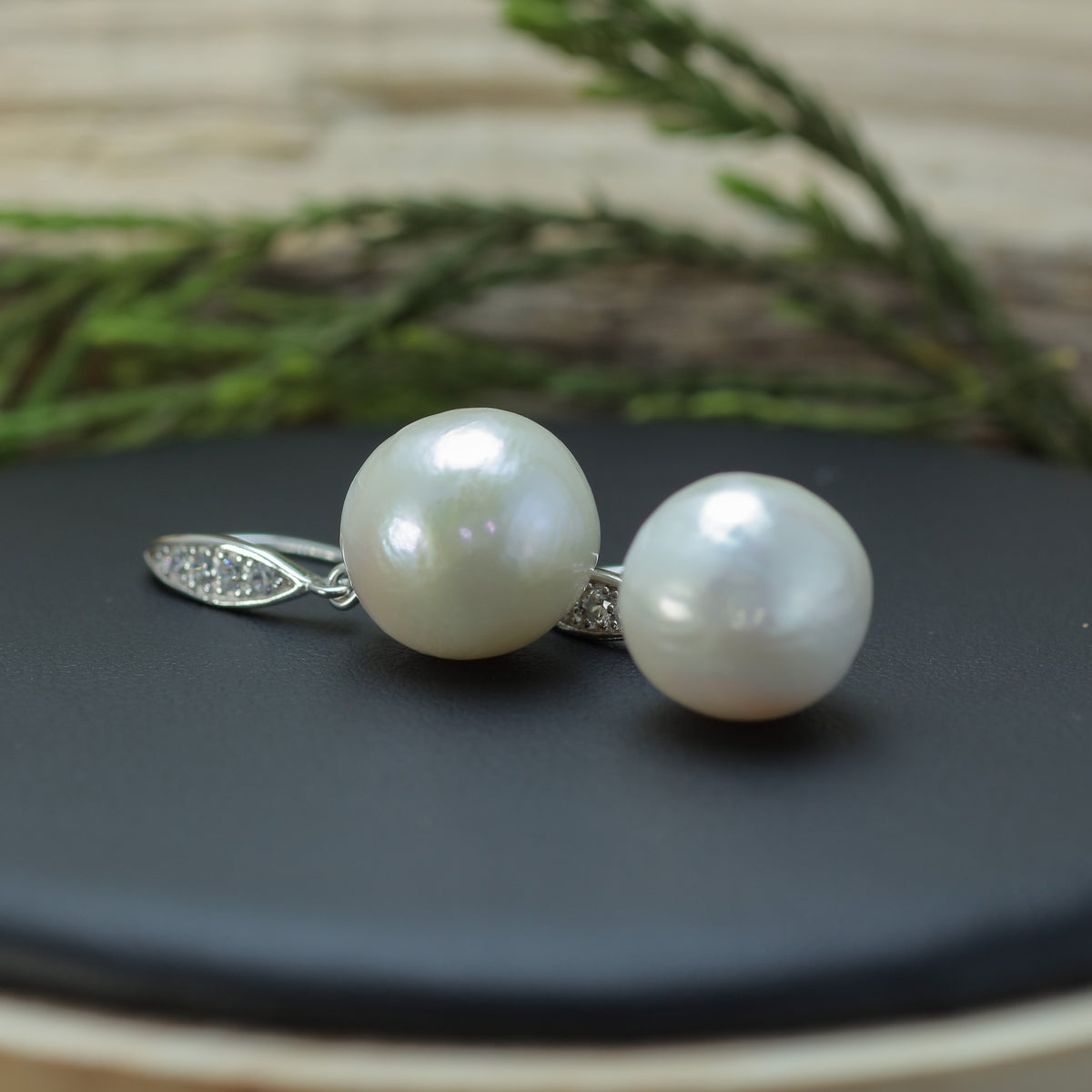 White Natural Cultured Pearl & Sparkling Marquise Hook Earrings
