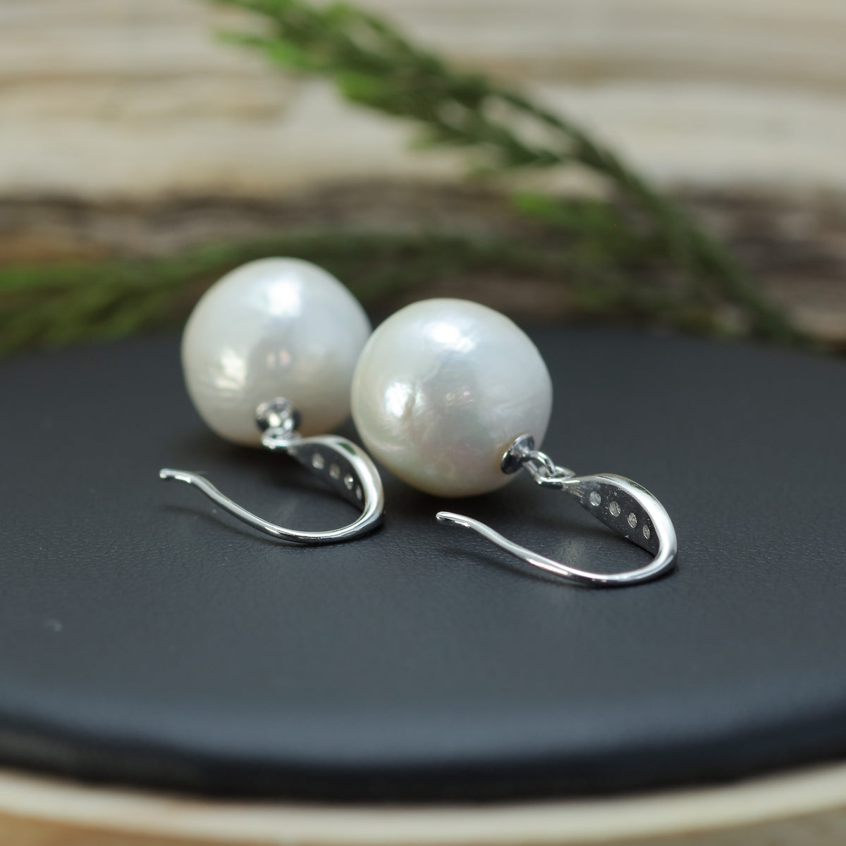 White Natural Cultured Pearl & Sparkling Marquise Hook Earrings