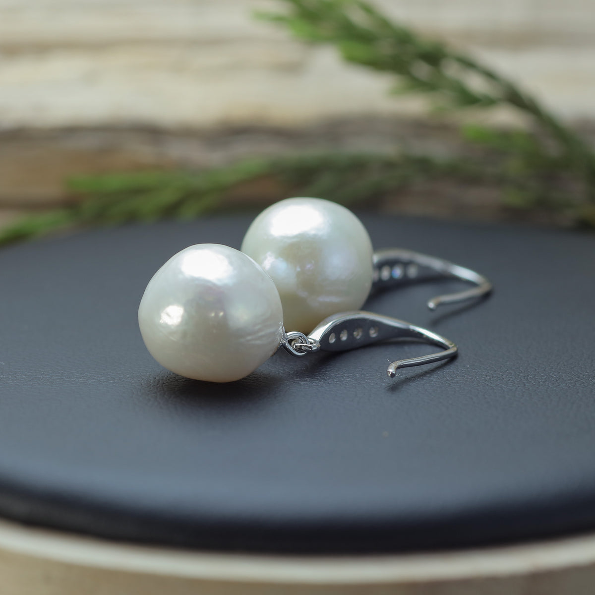White Natural Cultured Pearl & Sparkling Marquise Hook Earrings