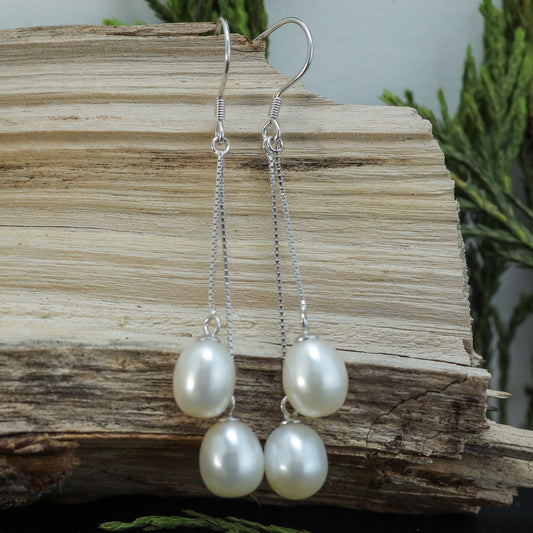 Natural white Cultured Dual Pearl Linear Drop Earrings