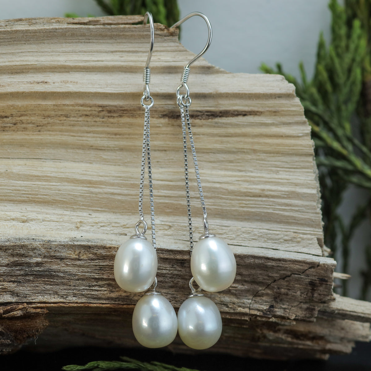 Natural white Cultured Dual Pearl Linear Drop Earrings