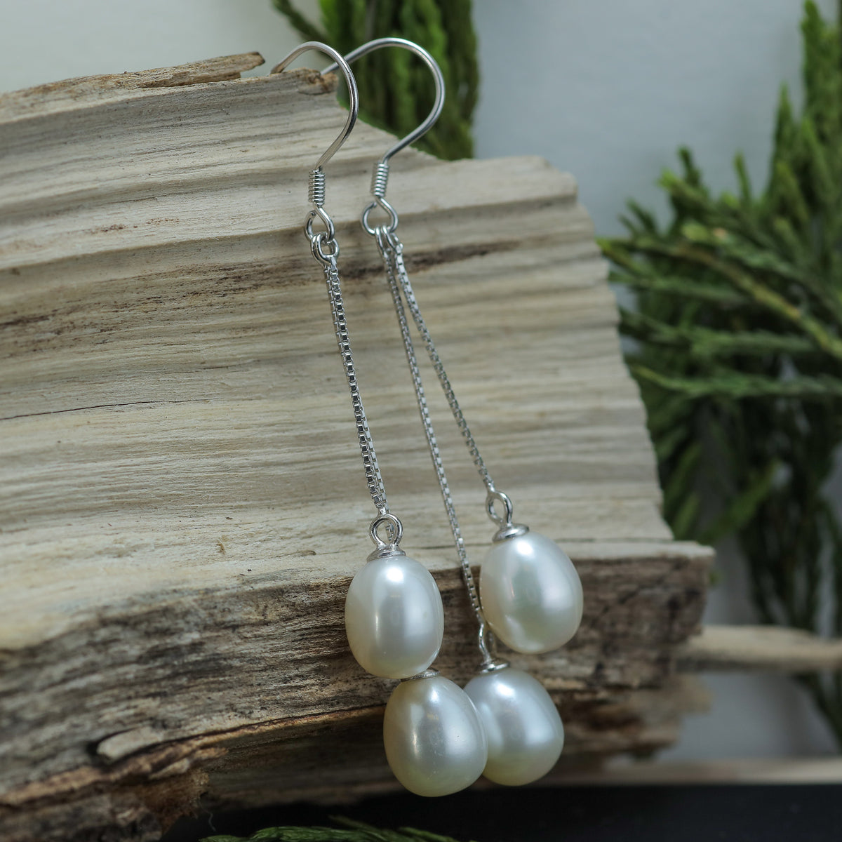 Natural white Cultured Dual Pearl Linear Drop Earrings