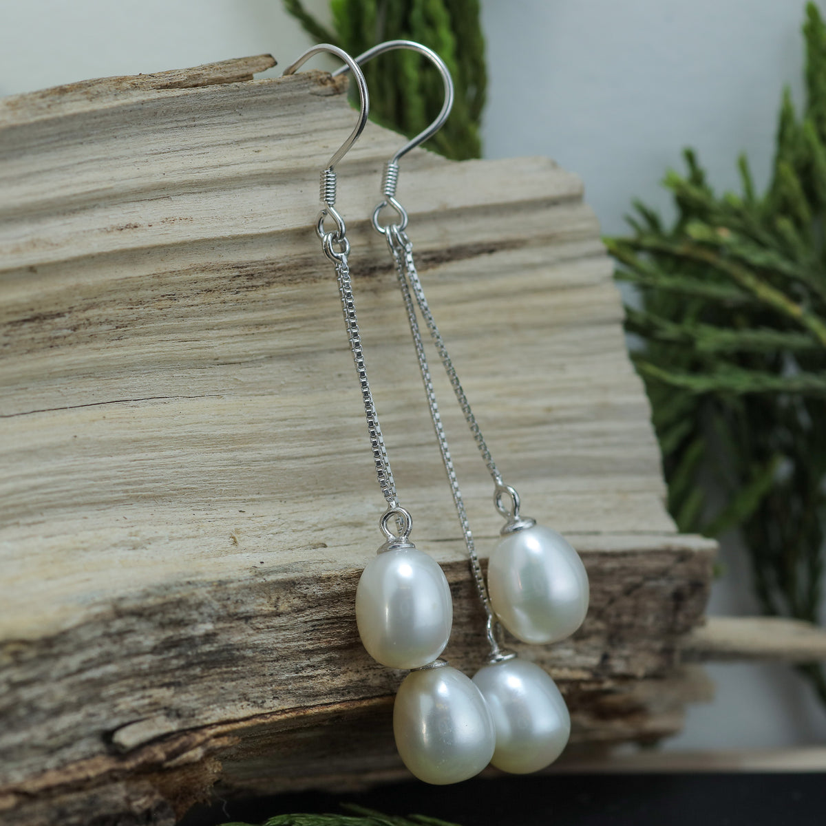 Natural white Cultured Dual Pearl Linear Drop Earrings