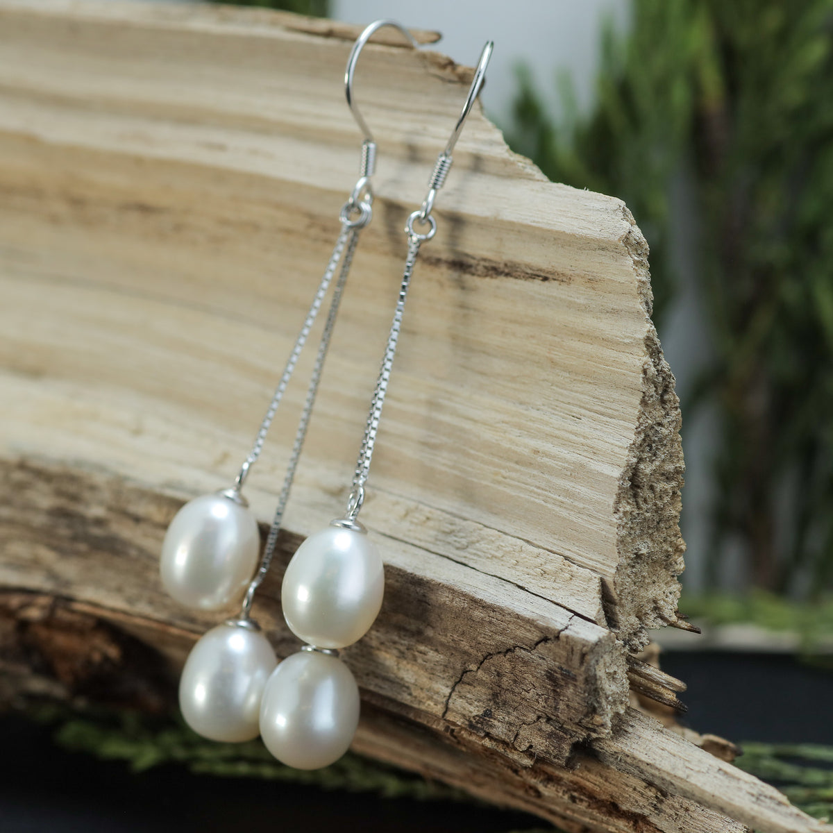 Natural white Cultured Dual Pearl Linear Drop Earrings
