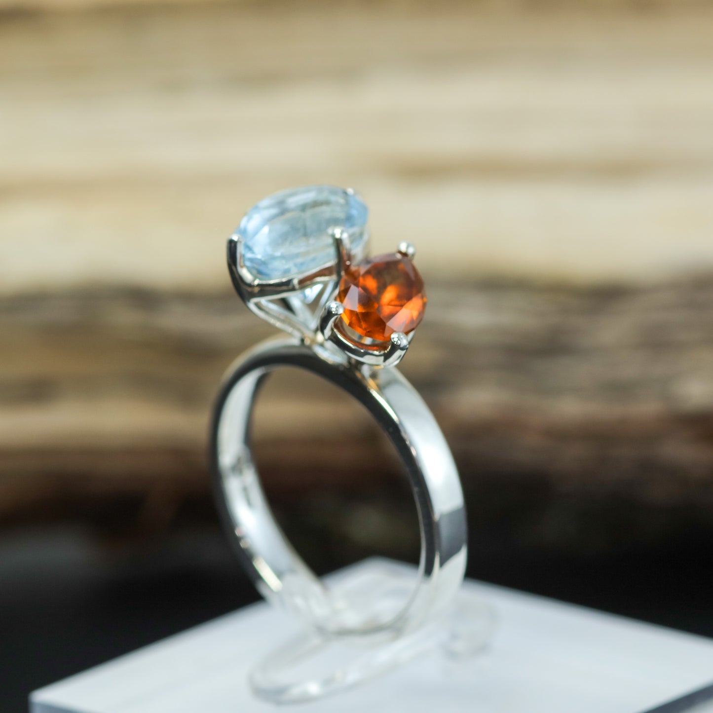 Bespoke Aquamarine & Hessonite Garnet Two-Stone Ring