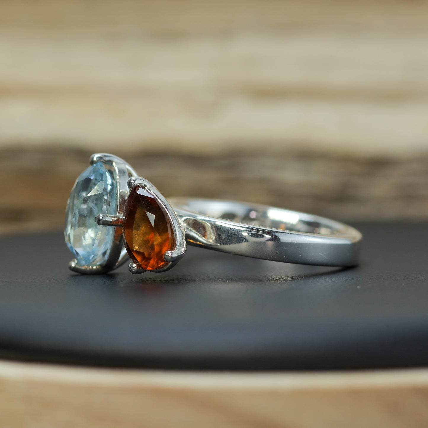 Bespoke Aquamarine & Hessonite Garnet Two-Stone Ring