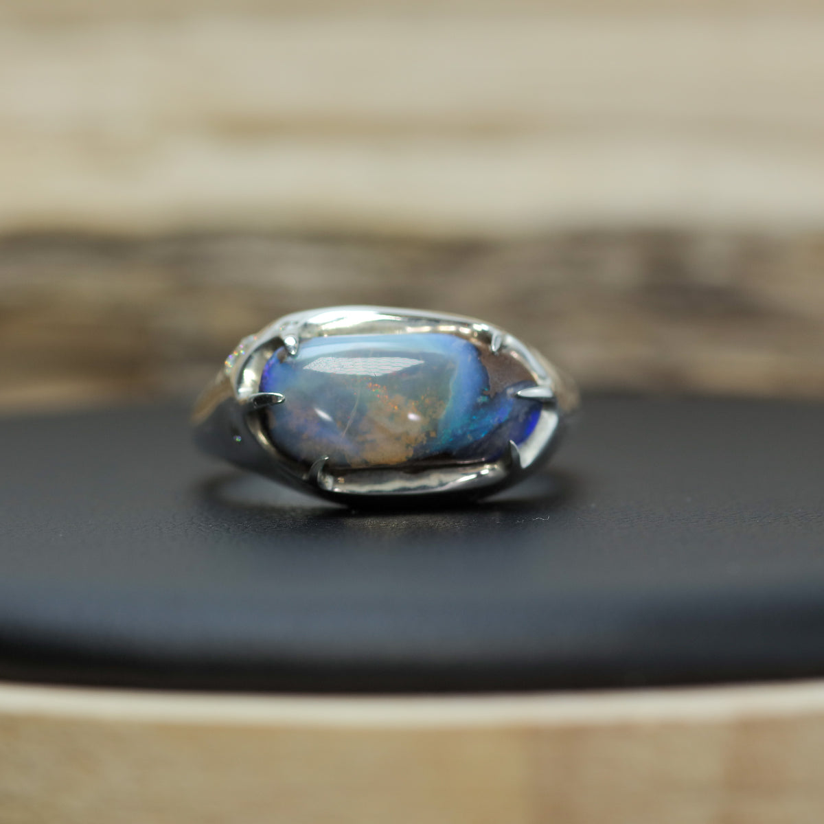 Handcrafted Australian Boulder Opal & Lab Diamond Signet Ring