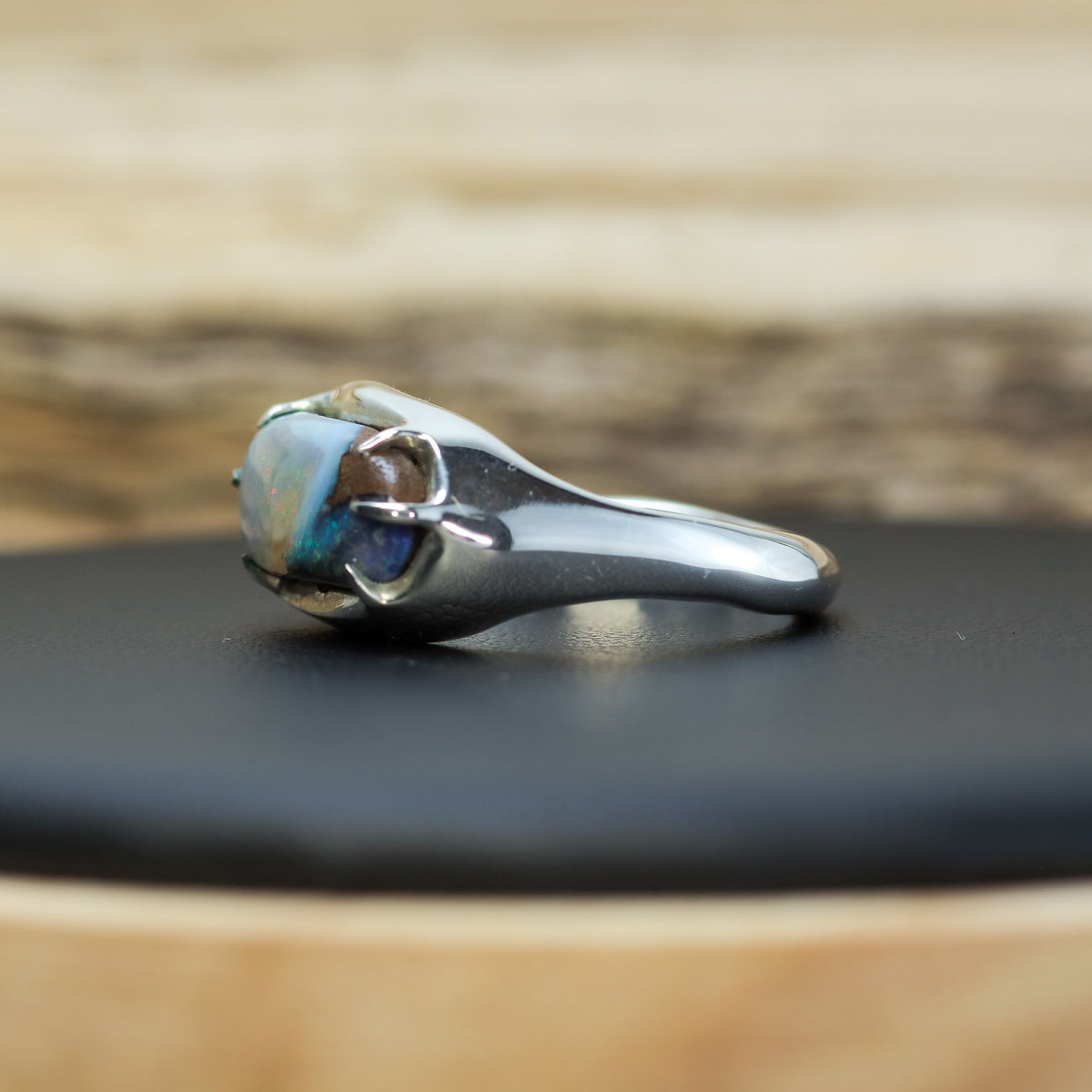 Handcrafted Australian Boulder Opal & Lab Diamond Signet Ring