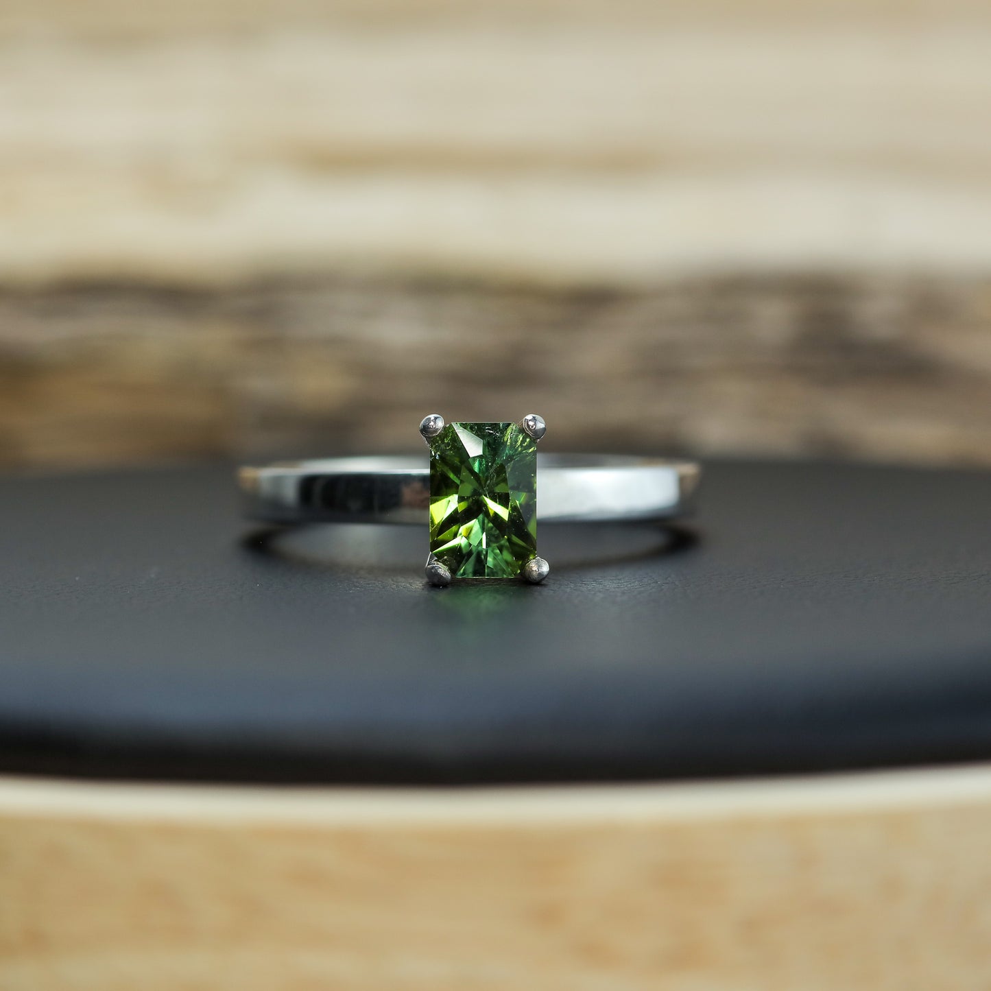 Hand-Cut Green Tourmaline Solitaire Ring in 925 Sterling Silver
