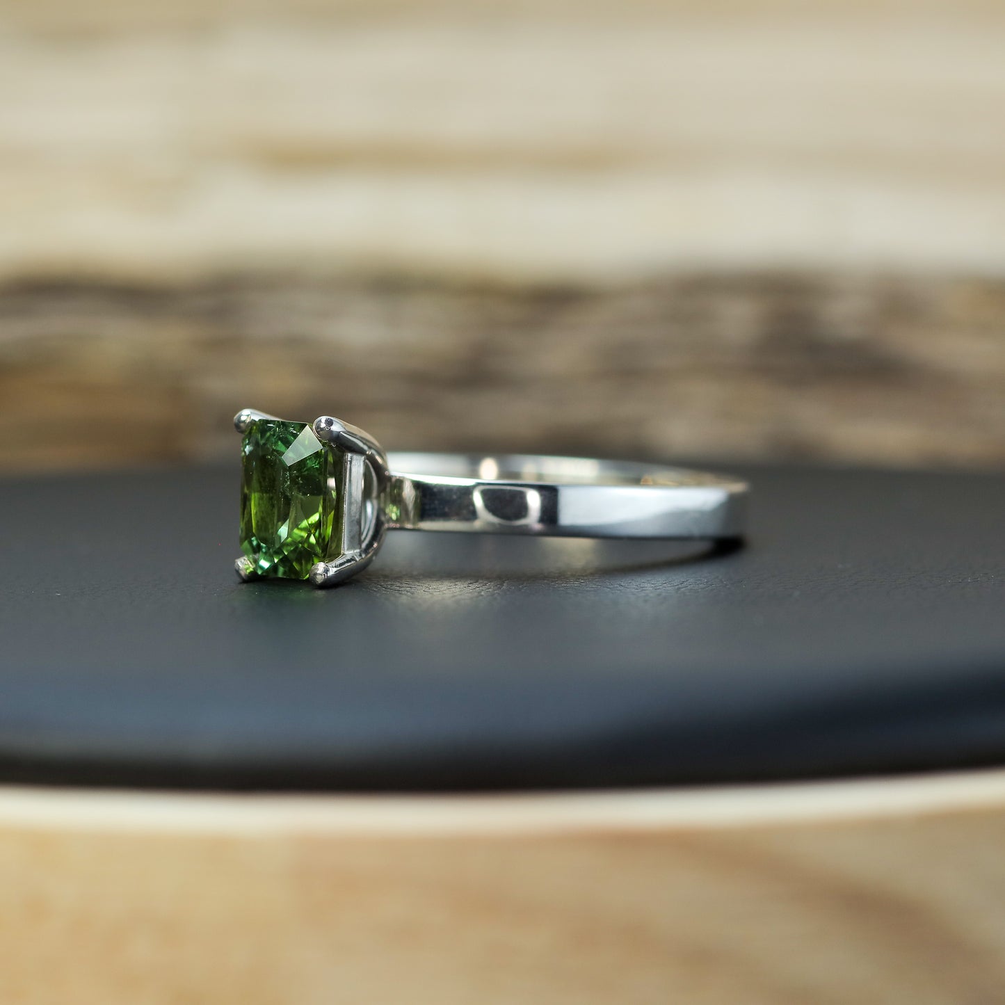 Hand-Cut Green Tourmaline Solitaire Ring in 925 Sterling Silver