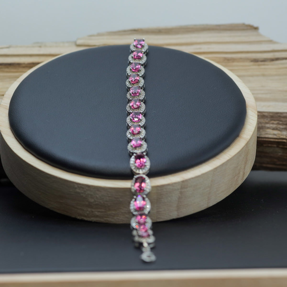 Natural Purple Garnet Halo Tennis Bracelet in 925 Sterling Silver