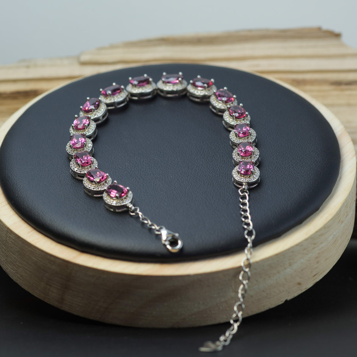 Natural Purple Garnet Halo Tennis Bracelet in 925 Sterling Silver