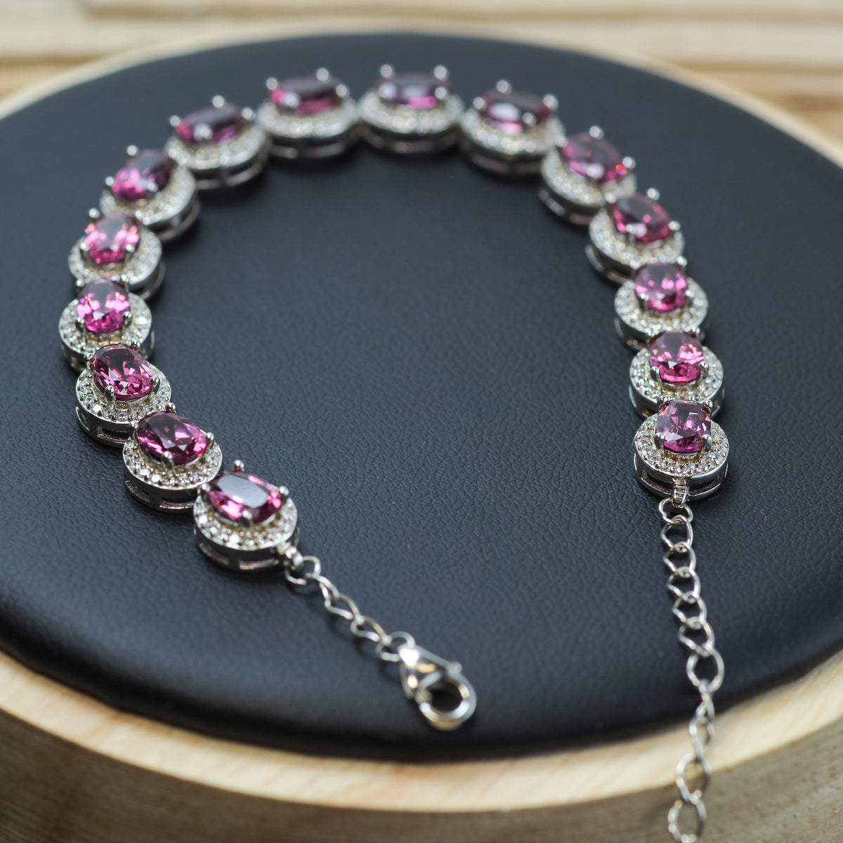 Natural Purple Garnet Halo Tennis Bracelet in 925 Sterling Silver