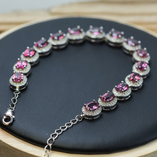Natural Purple Garnet Halo Tennis Bracelet in 925 Sterling Silver