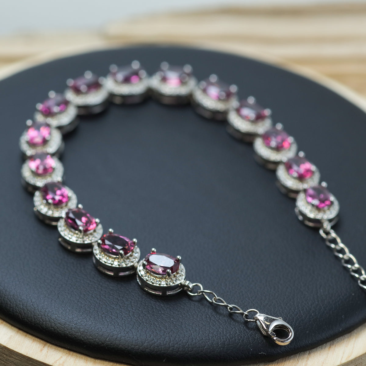 Natural Purple Garnet Halo Tennis Bracelet in 925 Sterling Silver