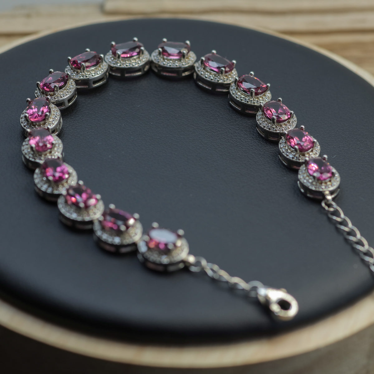 Natural Purple Garnet Halo Tennis Bracelet in 925 Sterling Silver