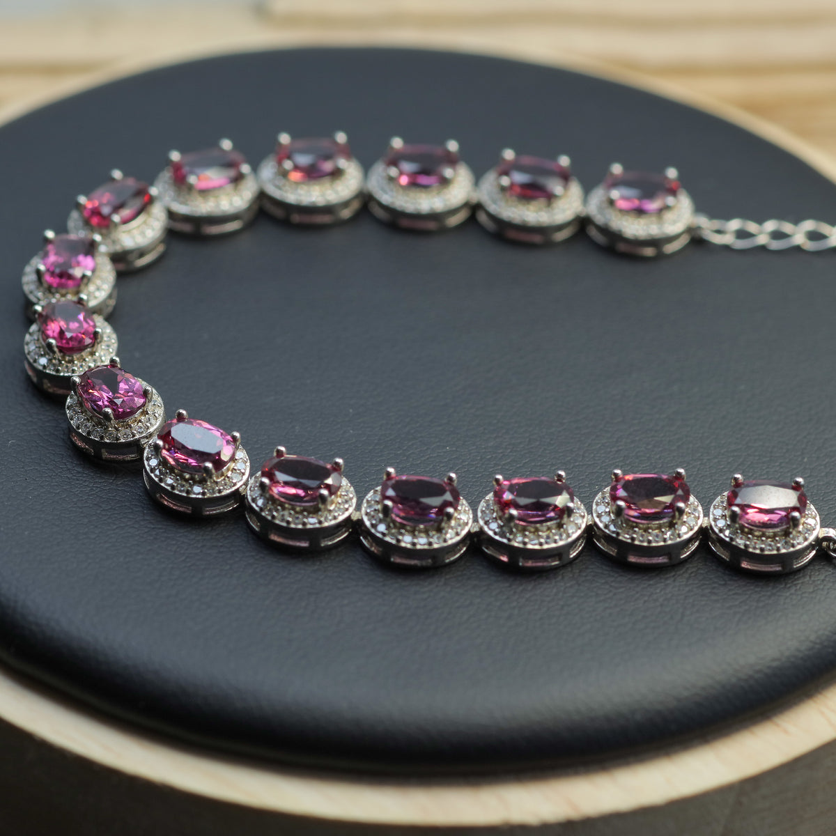 Natural Purple Garnet Halo Tennis Bracelet in 925 Sterling Silver