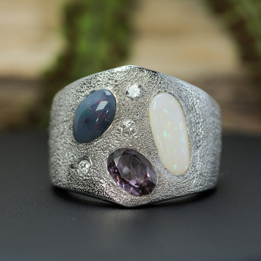 Australian Opal & Vietnamese Spinel Multi-Gemstone Wide Silver Band | Lab Diamonds
