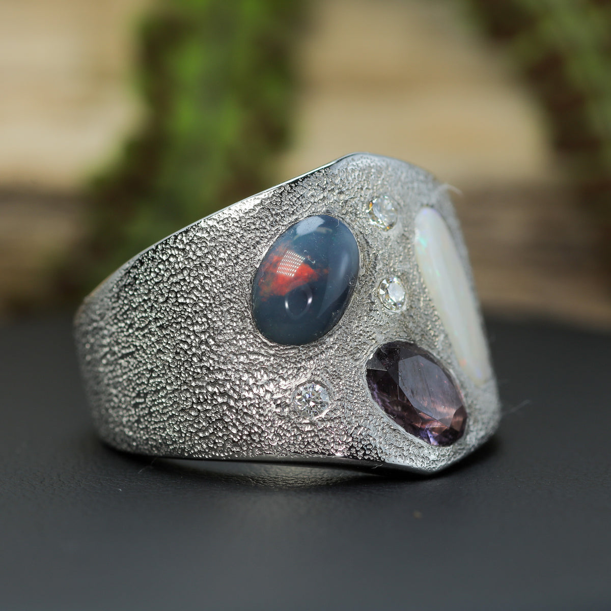 Australian Opal & Vietnamese Spinel Multi-Gemstone Wide Silver Band | Lab Diamonds