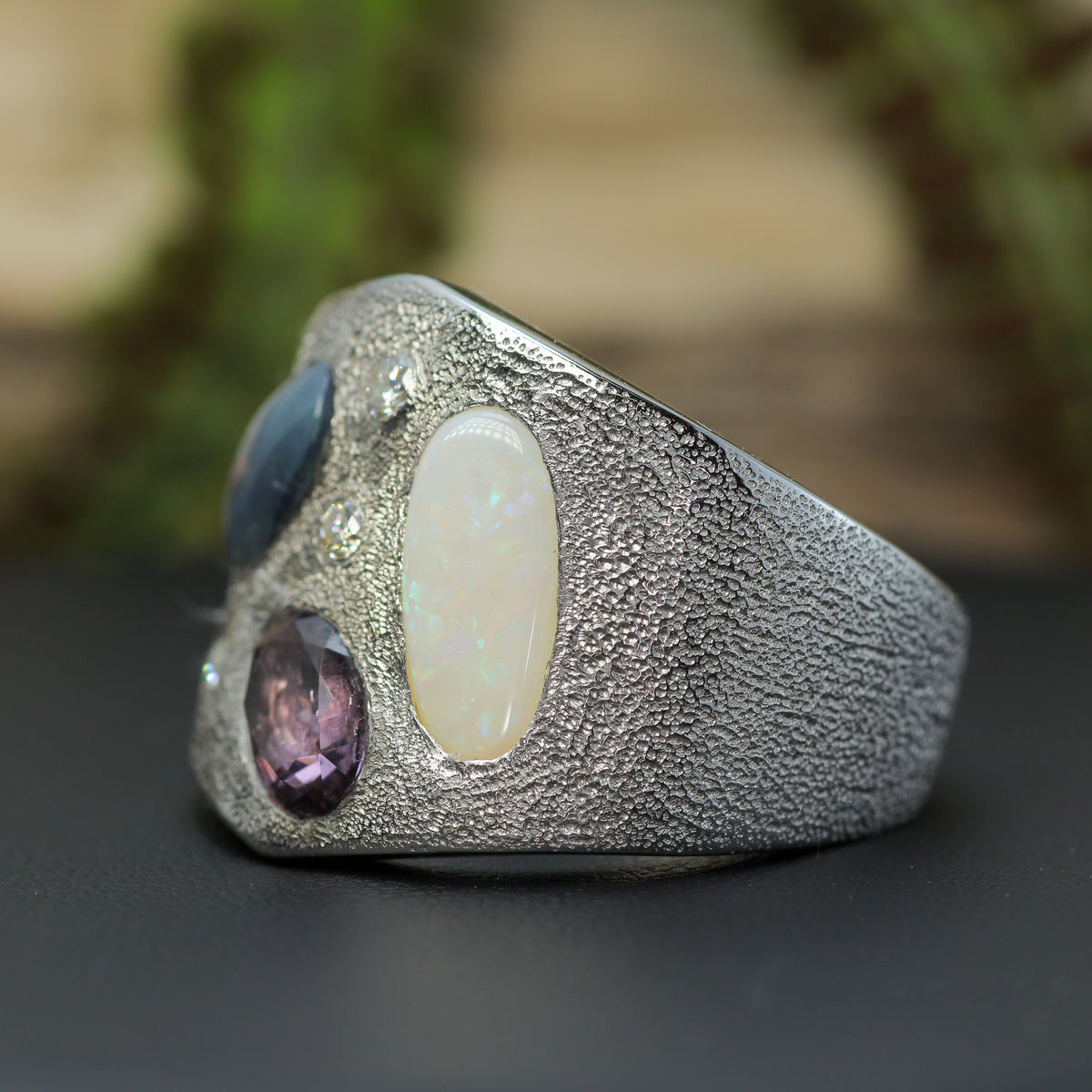 Australian Opal & Vietnamese Spinel Multi-Gemstone Wide Silver Band | Lab Diamonds