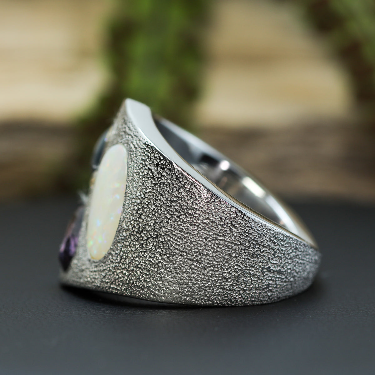 Australian Opal & Vietnamese Spinel Multi-Gemstone Wide Silver Band | Lab Diamonds