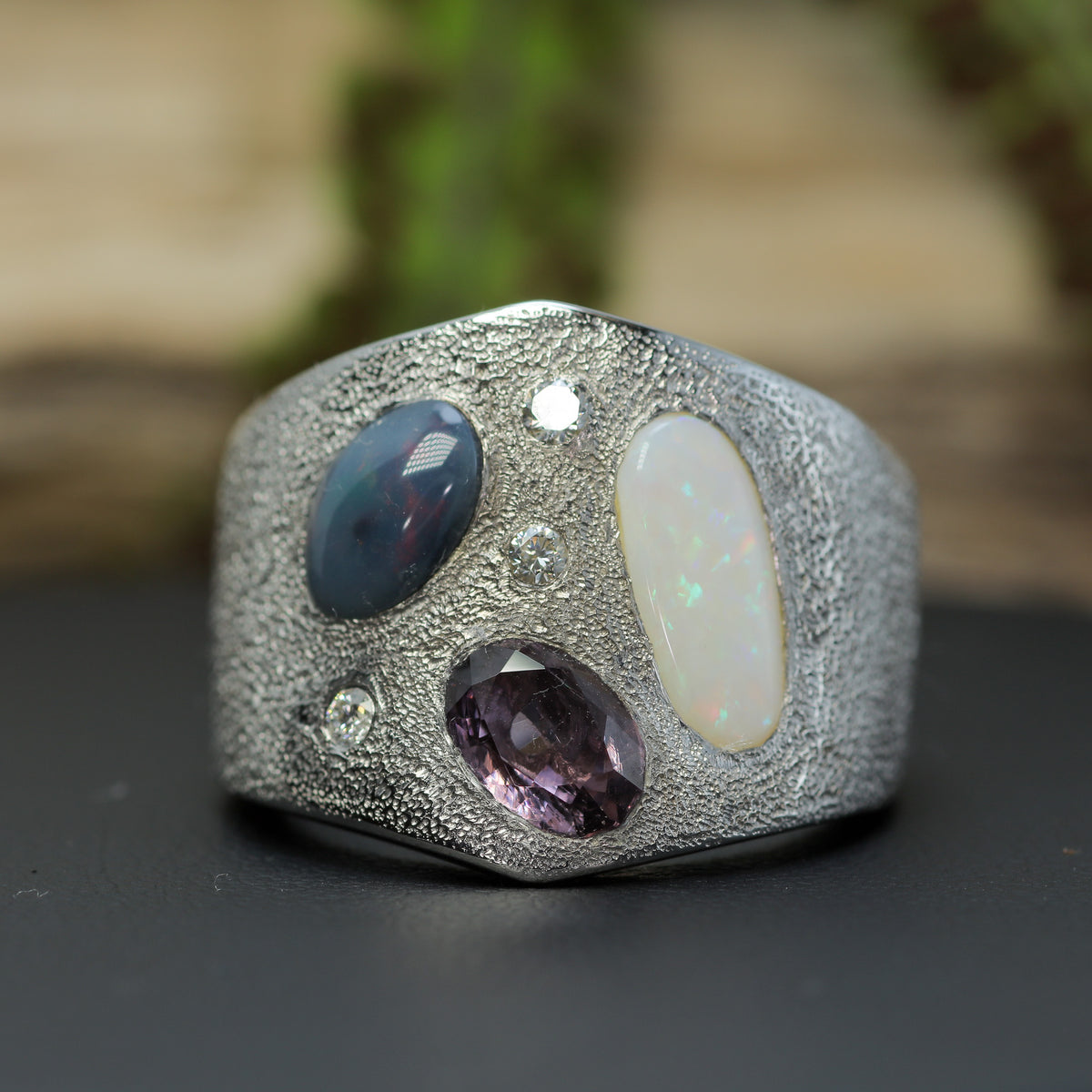 Australian Opal & Vietnamese Spinel Multi-Gemstone Wide Silver Band | Lab Diamonds